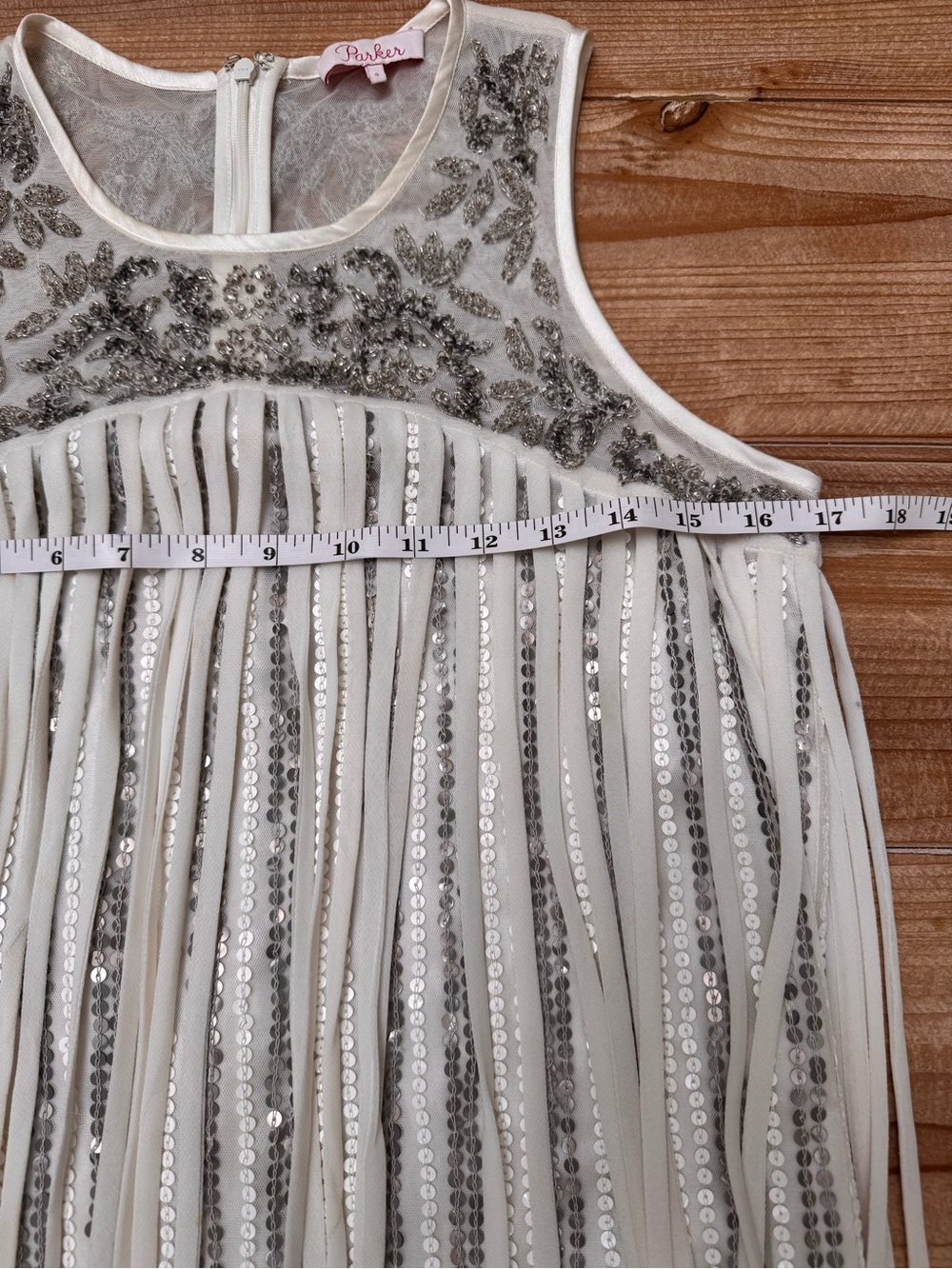 Parker Beaded Sequin Fringe Cocktail Dress Ivory Silver Size Small